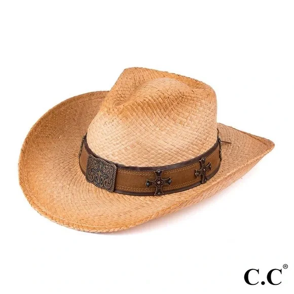 C.C | Accessories | Tea Stained Raffia Cowboy Hat With Cross 